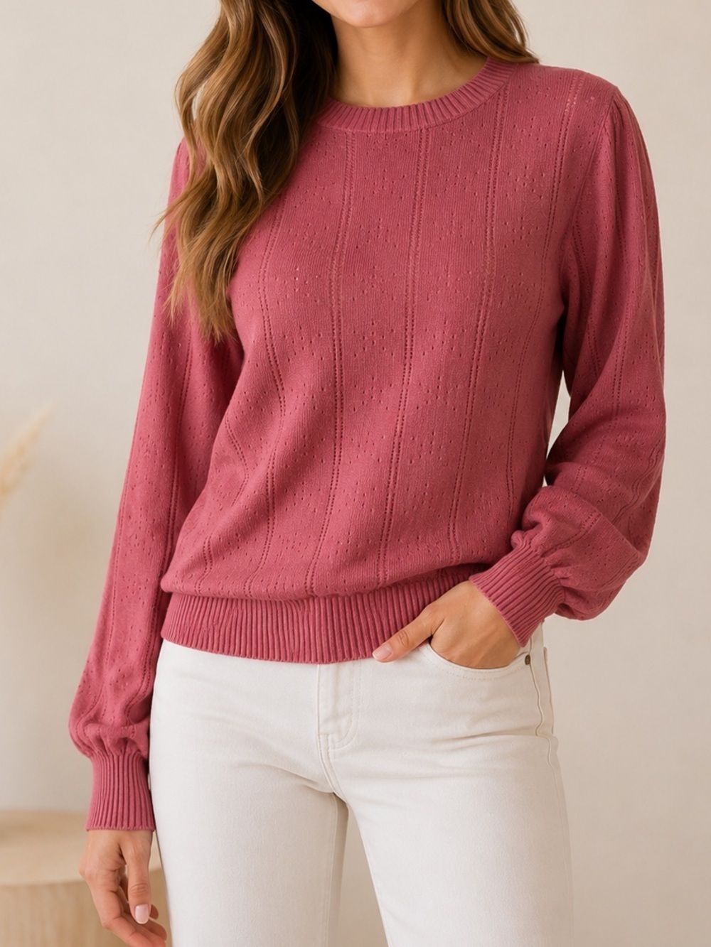 GRACE KARIN Large Dark Rose Puff Sleeve Pointelle Sweater – NWT